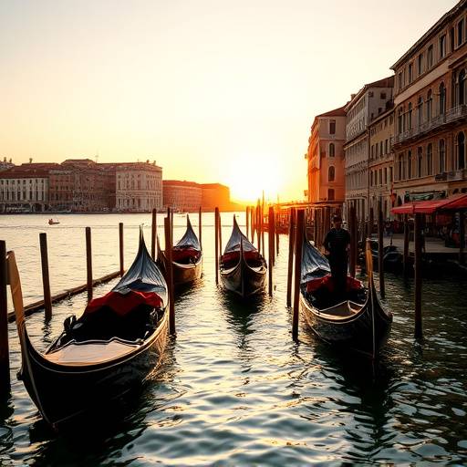Gondole che navigano nei canali di Venezia al tramonto