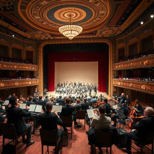 L'interno del Teatro Regio di Parma durante una prova generale, con l'orchestra e i cantanti sul palco.