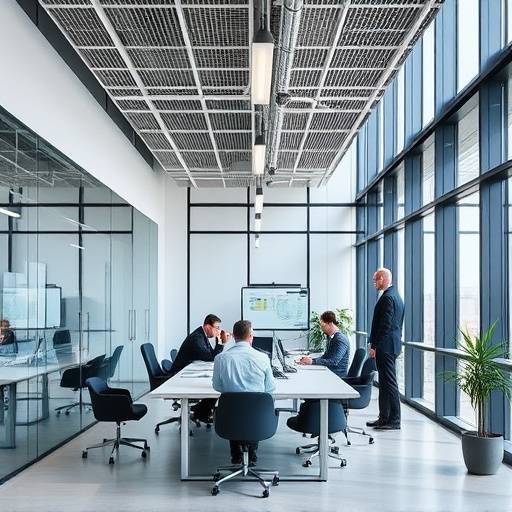 Uffici moderni di InvestCorp Italia con persone che collaborano e discutono strategie di investimento.