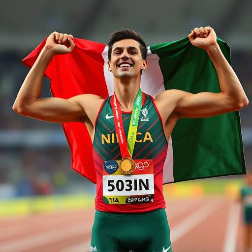 Un atleta italiano che taglia il traguardo e vince una medaglia d'oro ai Mondiali di Atletica.