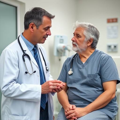 Un medico che parla con un paziente in un ambulatorio ospedaliero, discutendo le sfide del sistema sanitario nazionale
