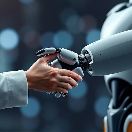 Un robot che stringe la mano a un umano, simboleggiando la collaborazione tra uomo e macchina nell'intelligenza artificiale