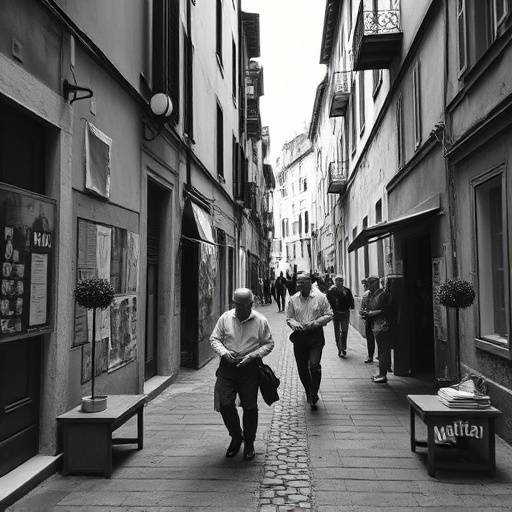 Una fotografia in bianco e nero di una scena di vita quotidiana nell'Italia del dopoguerra, esposta alla mostra sul Neorealismo.