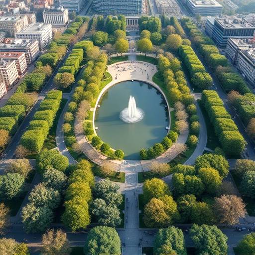 Vista aerea del nuovo parco urbano a Milano, con alberi, sentieri e un piccolo lago artificiale.